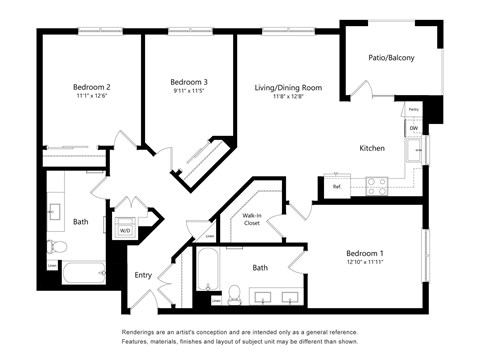 Floor plan for 3 beds, 2 baths, 1316 sqft